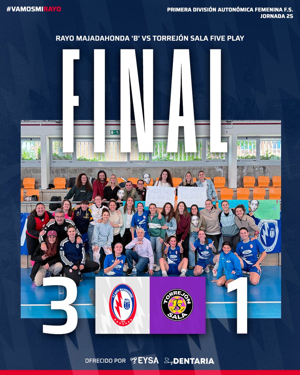 Rayo Majadahonda Fútbol Sala (@rmajadahondafs) on Twitter photo ✅ ¡Victoria en casa de nuestro Primera Autonómica frente a <a href="/torrejonsala/">Torrejón Sala</a> ! 🚀
⚽️ Ainhoa, Carol y Dani marcaron los tantos para las nuestras.
La victoria sirvió para rendir homenaje a Gabs, nuestra capitana disputó su último partido liguero en La Granadilla.
#VamosMiRayo⚡️ ✅ ¡Victoria en casa de nuestro Primera Autonómica frente a <a href="/torrejonsala/">Torrejón Sala</a> ! 🚀
⚽️ Ainhoa, Carol y Dani marcaron los tantos para las nuestras.
La victoria sirvió para rendir homenaje a Gabs, nuestra capitana disputó su último partido liguero en La Granadilla.
#VamosMiRayo⚡️