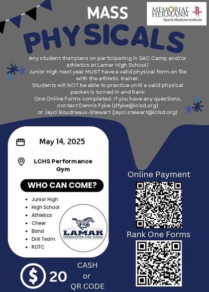 Lamar JH (@ljhmustangs) on Twitter photo Blue Track Physical Day is coming up this WEdnesday, May 14th. Please see flyer for more details. <a href="/THELamarCHS/">LCHS Spirit of Lamar</a> <a href="/LCHS_Mustangs/">Lamar Consolidated Athletics</a> Blue Track Physical Day is coming up this WEdnesday, May 14th. Please see flyer for more details. <a href="/THELamarCHS/">LCHS Spirit of Lamar</a> <a href="/LCHS_Mustangs/">Lamar Consolidated Athletics</a>