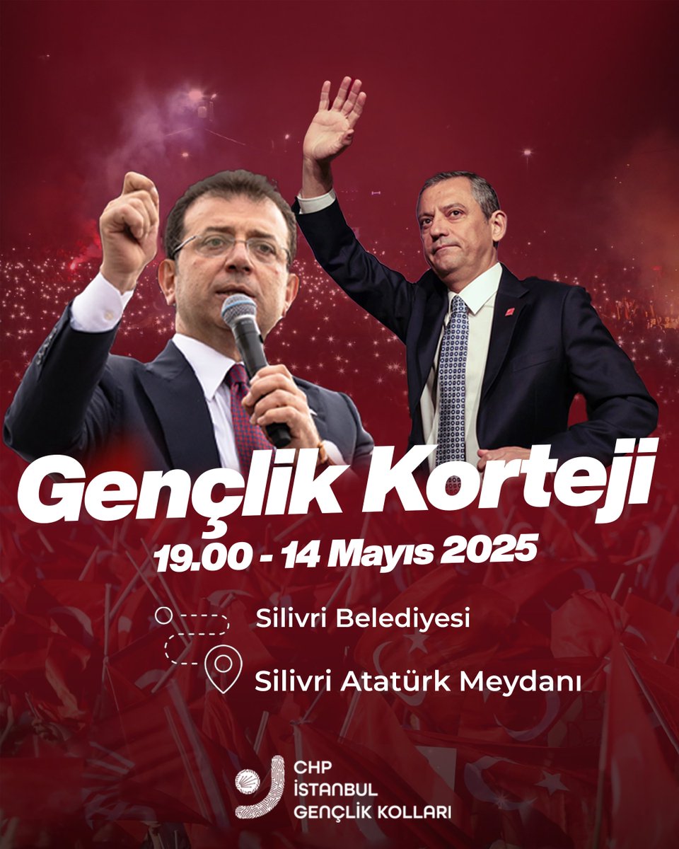 Cumhurbaşkanı Adayımız Ekrem İmamoğlu ve Silivri’de tutsak edilen yol arkadaşlarımıza sesimizi duyurmak için hep birlikte yürüyelim!

Silivri Mitingimiz öncesinde Silivri Belediyesi önünde buluşarak Silivri Atatürk Meydanı’na yürüyoruz.

Cumhurbaşkanı Adayımız, belediye