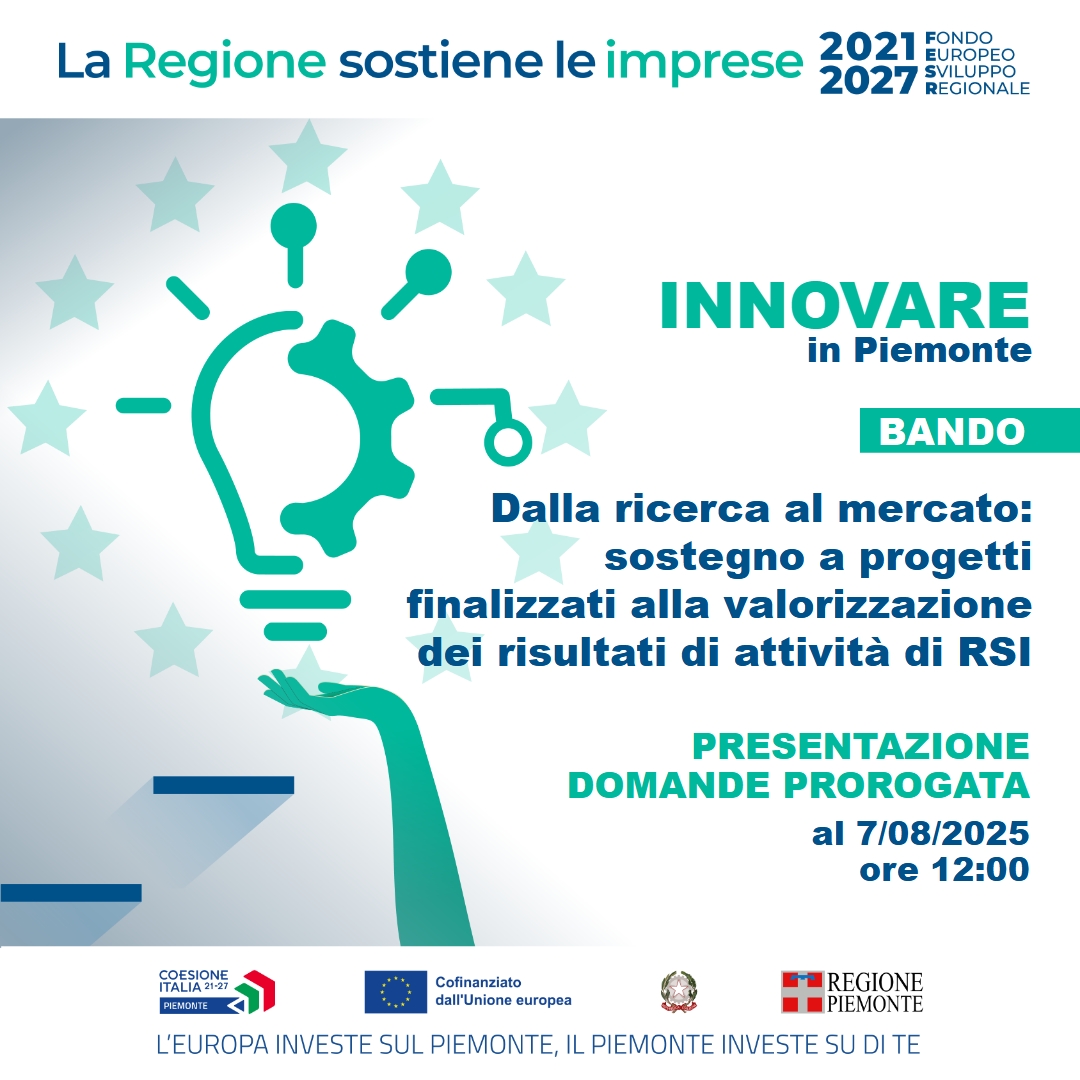 Prorogata fino alle ore 12:00 del 7 agosto 2025 l’apertura dello sportello del bando "Dalla ricerca al mercato: sostegno a progetti finalizzati alla valorizzazione dei risultati di attività di Ricerca Sviluppo e Innovazione bandi.regione.piemonte.it/contributi-fin… #PiemonteImprese