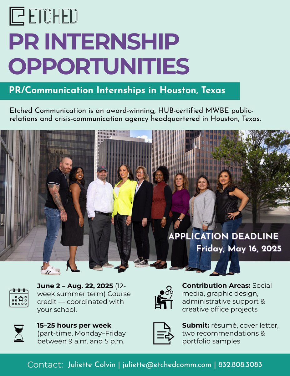 shsucareers's tweet image. @EtchedCommunication is looking for PR interns!

📍 Houston, Texas
🎨 Social media, design, &amp;amp; more
📩 Email juliette@etchedcomm.com to apply!

#PRInternships #NowHiring