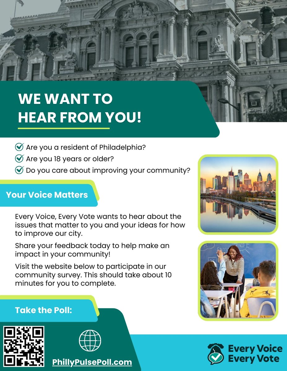 lenfestinst's tweet image. 🗣️ Calling all Philly residents: we need your voice! The Philly Pulse Poll from @VoiceVotePhilly is live. Now is your chance to weigh in on issues like education, public safety, and green initiatives. 🌿📚 Take the poll & share with your neighbors 💬💪 phillypulsepoll.com