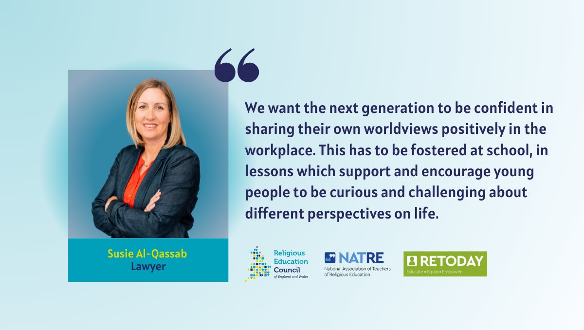 Why do employers value religious education? Susie Al-Qassab, a lawyer, believes Religious Education lessons empower students to share their worldviews openly and respectfully in professional settings. ⬇️ #Worldviews #TeamRE #RethinkRE