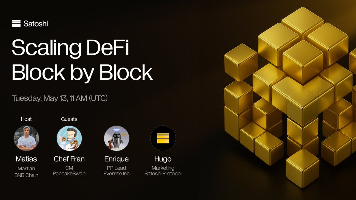 Satoshi Protocol (@satoshi_btcfi) on Twitter photo How are leading teams thinking about growth, adoptions, and ux in DeFi today? We're bringing them together to find out
▸ Tue, May 13, 11 AM ( UTC )
▸ Host : Matias
▸ Guests : <a href="/PancakeSwap/">PancakeSwap</a> @everrise
Bring your questions. Learn from the source. See what’s being built behind How are leading teams thinking about growth, adoptions, and ux in DeFi today? We're bringing them together to find out
▸ Tue, May 13, 11 AM ( UTC )
▸ Host : Matias
▸ Guests : <a href="/PancakeSwap/">PancakeSwap</a> @everrise
Bring your questions. Learn from the source. See what’s being built behind