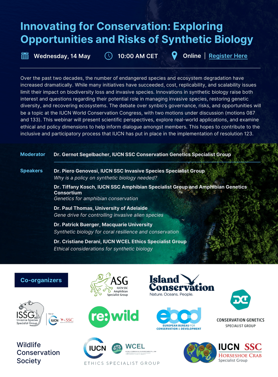 The upcoming webinar series, "Innovating for Conservation: Exploring Opportunities and Risks of   Synthetic Biology," will share scientific perspectives and explore the potential applications of using synthetic biology in conservation. Registration below.
 
May 13 session:
