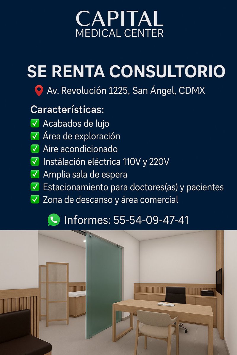 ¡Se renta consultorio!
🏥 En Capital Medical Center, nueva torre médica Premium con todas las comodidades para médicos y pacientes.
📍 Sur de la CDMX, acceso rápido a Insurgentes Sur y Periférico.
✨ Espacios modernos y funcionales
Informes:
📲 WhatsApp: 55-54-09-47-41