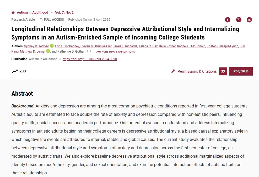 SPECIAL ISSUE ON POST-SECONDARY EDUCATION: longitudinal survey by <a href="/STerroso/">Sydney Terroso</a>  &amp; colleagues reports autistic traits were associated with depressive attributional style, which could be an important intervention target <a href="/RowanUniversity/">Rowan University</a> 

NEW, FREE to 25 May:

liebertpub.com/doi/10.1089/au…