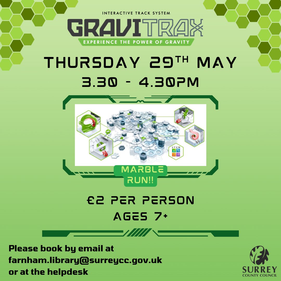 Farnham Library (@farnhamlibrary) on Twitter photo Come and build a marble run using Gravitrax at #FarnhamLibrary on Thursday 29th May at 3.30pm! 🔧⚙️
Suitable for ages 7+, £2 per child. Sign up at the library or email farnham.library@surreycc.gov.uk
<a href="/SurreyLibraries/">Surrey Libraries UK</a>
#SurreyLibraries #FarnhamEvents #Farnham #Surrey Come and build a marble run using Gravitrax at #FarnhamLibrary on Thursday 29th May at 3.30pm! 🔧⚙️
Suitable for ages 7+, £2 per child. Sign up at the library or email farnham.library@surreycc.gov.uk
<a href="/SurreyLibraries/">Surrey Libraries UK</a>
#SurreyLibraries #FarnhamEvents #Farnham #Surrey