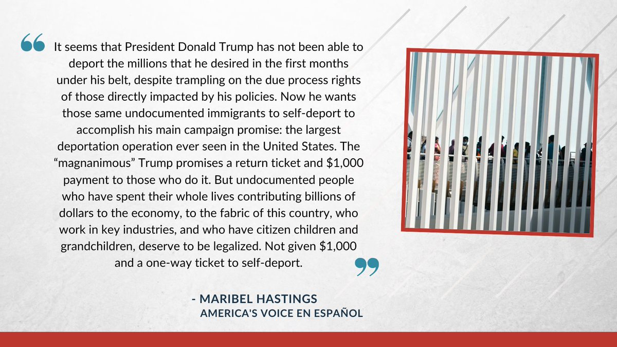 America's Voice (@americasvoice) on Twitter photo In her weekly column, <a href="/maribelhastings/">Maribel Hastings</a> writes that undocumented immigrants who contribute billions of dollars to the economy deserve legalization instead of $1,000 and a one-way ticket to self-deport.
buff.ly/8bFukC4 In her weekly column, <a href="/maribelhastings/">Maribel Hastings</a> writes that undocumented immigrants who contribute billions of dollars to the economy deserve legalization instead of $1,000 and a one-way ticket to self-deport.
buff.ly/8bFukC4