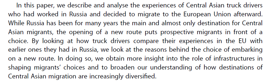 Nice article on migrants, work and labour activism focusing on truckers in the EU from CA
G Benedetti, et al.: Pioneering new migration routes: central Asian truck drivers’ experiences in the EU, Central Asian Survey, DOI: 10.1080/02634937.2025.2479099