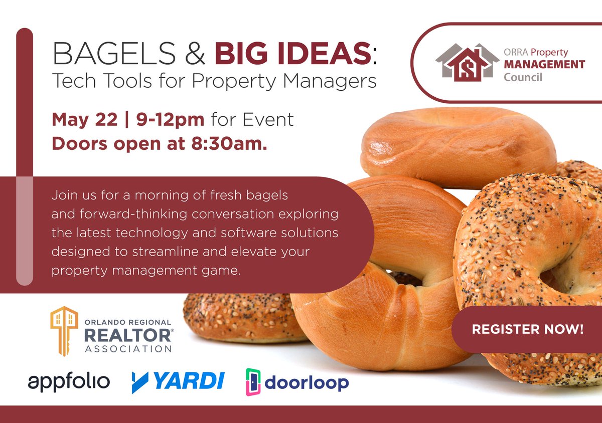 Free bagels &amp; tech tips for PMC members! 🥯 Join "Bagels &amp; Big Ideas" May 22nd (8:30-10 AM) for <a href="/AppFolio/">AppFolio</a> , <a href="/Yardi/">YARDI</a> , &amp; <a href="/doorloopapp/">DoorLoop</a>  insights. Non-members $5. Reg: shorturl.at/qWtdF

#OrlandoREALTORS #PropertyManagement #TechTools