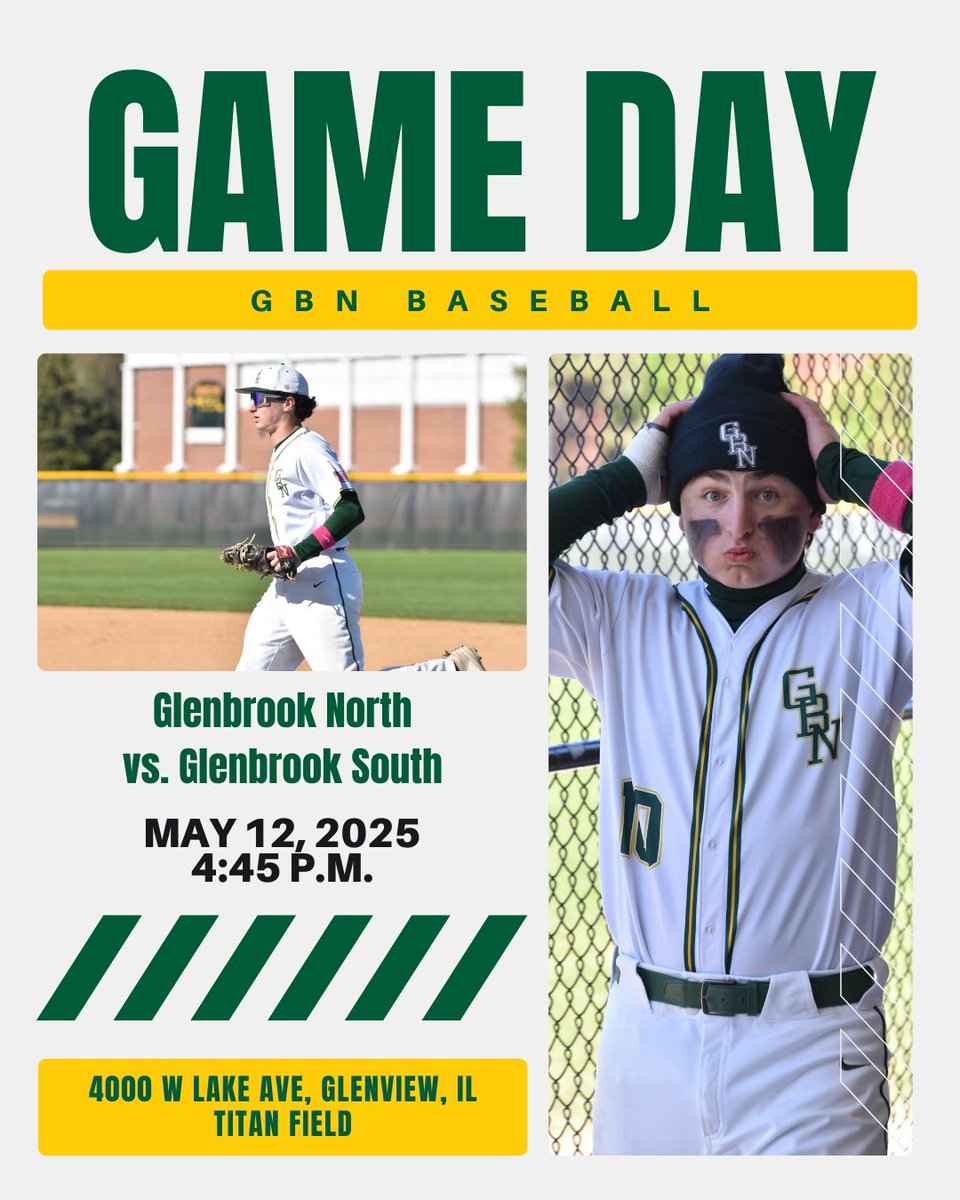 Glenbrook North Baseball (@gbn_baseball) on Twitter photo IT’S GAMEDAY... and the start of the final CSL Conference series of the year.
🆚 <a href="/GBS_Baseball/">GBS Baseball</a>
⏰ 4:45 p.m.
📍 Titan Field
☁️ 70°
#gritoverglory
📸: Hayden Leven IT’S GAMEDAY... and the start of the final CSL Conference series of the year.
🆚 <a href="/GBS_Baseball/">GBS Baseball</a>
⏰ 4:45 p.m.
📍 Titan Field
☁️ 70°
#gritoverglory
📸: Hayden Leven