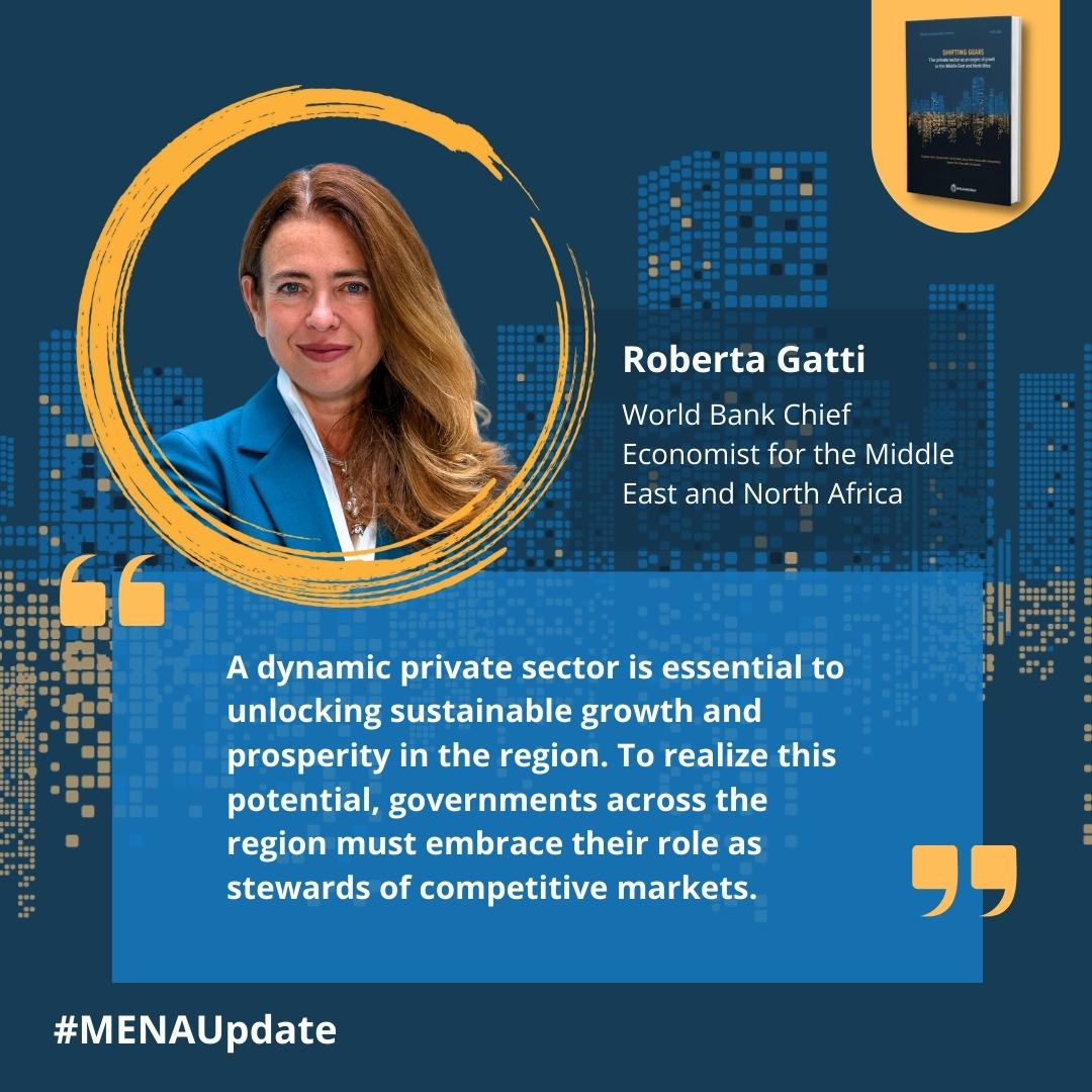 Our <a href="/WorldBank/">WorldBank</a> #MENAUpdate finds that #MENA could go far toward unleashing its growth potential by:

🔸Promoting competition in markets
🔸Levelling the playing field for private &amp; state-affiliated firms
🔸Fostering a business-friendly environment

Report: wrld.bg/zHlw50VHqCK