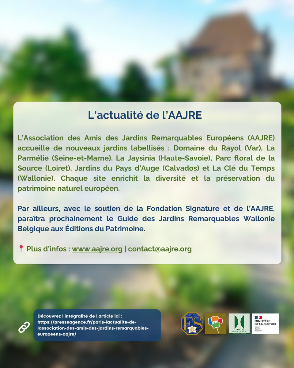 Association Amis Jardins Remarquables EuropĂ©ens (@aajre_org) on Twitter photo Nouveaux Jardins Remarquables ! đż
LâAAJRE est ravie dâaccueillir de nouveaux trĂ©sors botaniques âïž
đ DĂ©couvrez ces havres de verdure et rejoignez-nous sur aajre.org
<a href="/nataliasmalto/">Natalia Smalto</a> <a href="/FONDATIONSIGNA2/">Fondation Signature</a>
<a href="/MinistereCC/">MinistĂšre de la Culture đ«đ·</a> Nouveaux Jardins Remarquables ! đż
LâAAJRE est ravie dâaccueillir de nouveaux trĂ©sors botaniques âïž
đ DĂ©couvrez ces havres de verdure et rejoignez-nous sur aajre.org
<a href="/nataliasmalto/">Natalia Smalto</a> <a href="/FONDATIONSIGNA2/">Fondation Signature</a>
<a href="/MinistereCC/">MinistĂšre de la Culture đ«đ·</a>