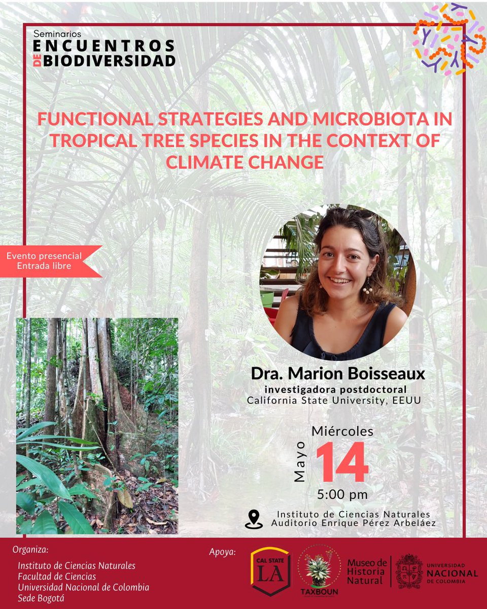 Instituto de Ciencias Naturales - UNAL (@icnunal) on Twitter photo 🔔Recontrainvitados a esta charla‼️
“Functional strategies and microbiota in tropical tree species in the context of climate change”
#EncuentrosDeBiodiversidad con
la Dra. Marion Boisseaux
🗓️Miércoles 30 abril
🕔17:00 hrs
📍Auditorio Enrique Pérez Arbeláez <a href="/UNALOficial/">Universidad Nacional de Colombia</a> 🔔Recontrainvitados a esta charla‼️
“Functional strategies and microbiota in tropical tree species in the context of climate change”
#EncuentrosDeBiodiversidad con
la Dra. Marion Boisseaux
🗓️Miércoles 30 abril
🕔17:00 hrs
📍Auditorio Enrique Pérez Arbeláez <a href="/UNALOficial/">Universidad Nacional de Colombia</a>