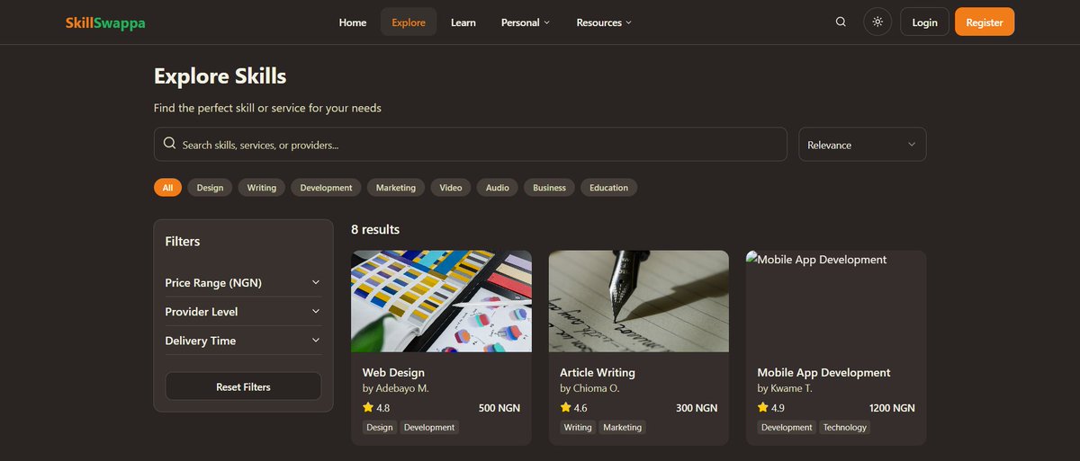 bsidlify's tweet image. Skill Swappa – Trade Skills for Airtime in Africa Skill Swappa is a revolutionary digital platform where Africans can exchange their skills for mobile airtime. Whether you're a graphic designer in Lagos, a web developer in Nairobi... @travisdotmedia   launched.lovable.dev/skill-swappa