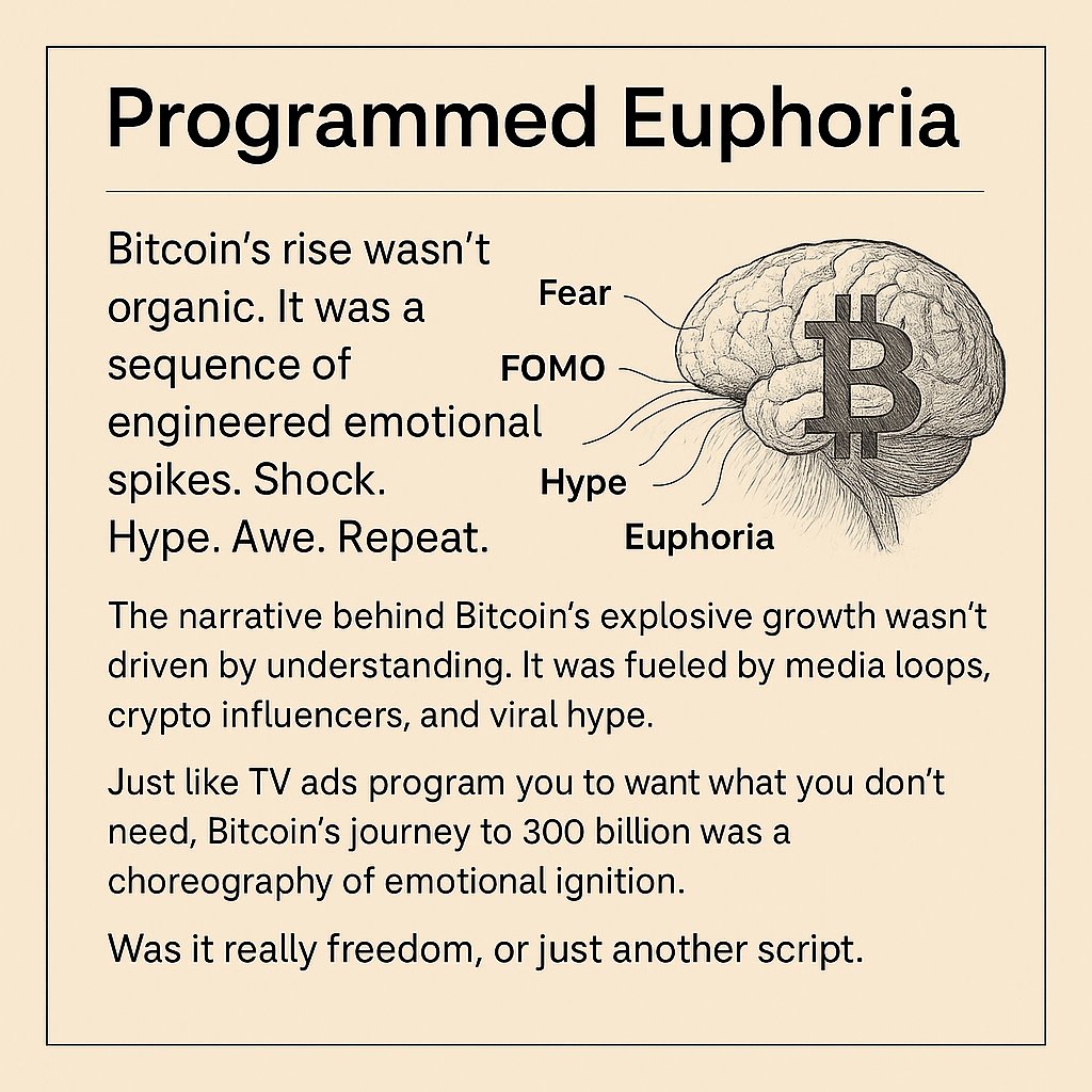 Mind_Crypton's tweet photo. Programmed Euphoria
Bitcoin’s rise wasn’t organic. It was a sequence of engineered emotional spikes. Shock. Hype. Awe. Repeat.
#Bitcoin #MassPsychology #CryptoNarrative #MindCrypton https://t.co/BJjlN1x83e