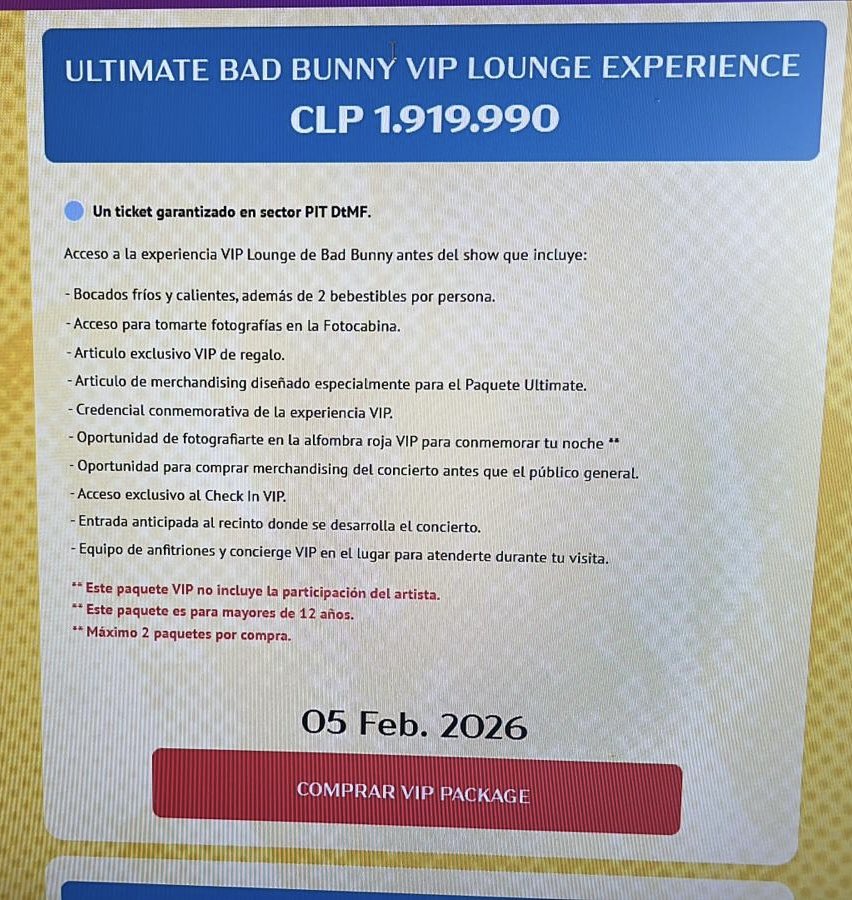 SrMolina2010's tweet image. El concierto de Bad Bunny en Chile tiene una entrada de 1.9 millones que incluye apenas 2 cover y nada con el artista. Están locos.