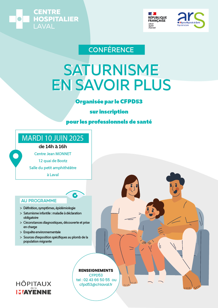 CH Laval (@chlaval53) on Twitter photo Conférence sur le saturnisme organisée par le Centre Fédératif de Prévention et de Dépistage, à destination des professionnels de santé
📅 10/06, de 14h à 16h
📌 A Laval, Centre Jean Monnet
Sur inscription
Contact : cfpd53@chlaval.fr
#saturnisme #santépublique #laval Conférence sur le saturnisme organisée par le Centre Fédératif de Prévention et de Dépistage, à destination des professionnels de santé
📅 10/06, de 14h à 16h
📌 A Laval, Centre Jean Monnet
Sur inscription
Contact : cfpd53@chlaval.fr
#saturnisme #santépublique #laval