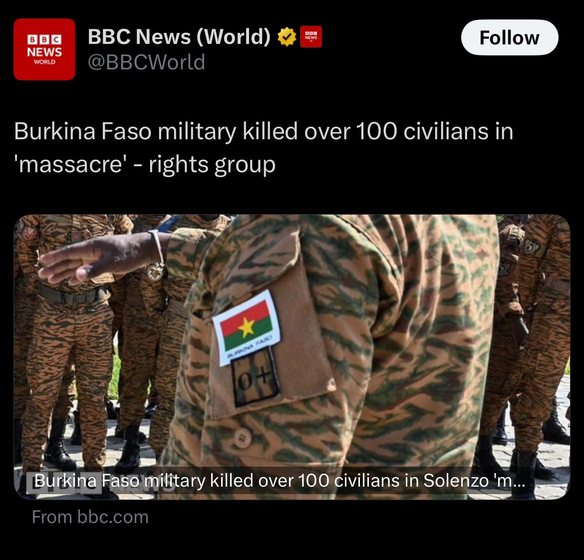 The Western media are here with their propaganda to push their agenda, the truth is Burkina Faso 🇧🇫 military is killing Al Qaeda terrorists funded &amp; armed by the West with France 🇫🇷 being the primary sponsor.

The Evil BBC will continue to lie to the world because they are funded