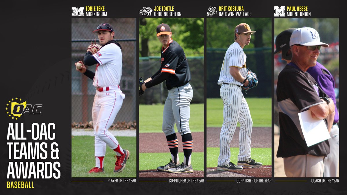 Ohio Athletic Conference (@ohathleticconf) on Twitter photo All-OAC Teams & Special Awards | Baseball ⚾
Player of the Year: Tobie Teke, <a href="/FightingMuskies/">Muskingum Athletics</a>
Co-Pitcher of the Year: Joe Tootle, <a href="/ONUsports/">Ohio Northern Sports</a>
Co-Pitcher of the Year: Brit Kostura, <a href="/bwathletics/">Baldwin Wallace Athletics</a>
Coach of the Year: Paul Hesse, <a href="/purpleraiders/">Mount Union Purple Raiders</a>
Full Release: All-OAC Teams & Special Awards | Baseball ⚾
Player of the Year: Tobie Teke, <a href="/FightingMuskies/">Muskingum Athletics</a>
Co-Pitcher of the Year: Joe Tootle, <a href="/ONUsports/">Ohio Northern Sports</a>
Co-Pitcher of the Year: Brit Kostura, <a href="/bwathletics/">Baldwin Wallace Athletics</a>
Coach of the Year: Paul Hesse, <a href="/purpleraiders/">Mount Union Purple Raiders</a>
Full Release: