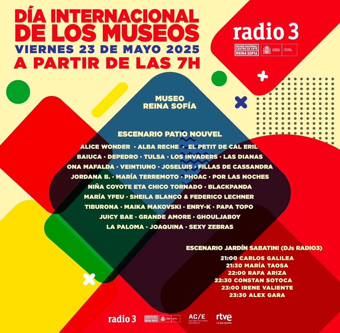 FanFestiventos's tweet photo. 🚨| NUEVO CONCIERTO GRATIS EN MADRID

Radio 3 celebra el Día Internacional de los Museos con 30 conciertos en directo y 6 DJs para cerrar bailando. El viernes 23 de mayo, desde las 07:00 hasta las 24:00, en el Museo Reina Sofía. 

🎟️ Entrada libre hasta completar aforo. https://t.co/ZjfY9JYgVu