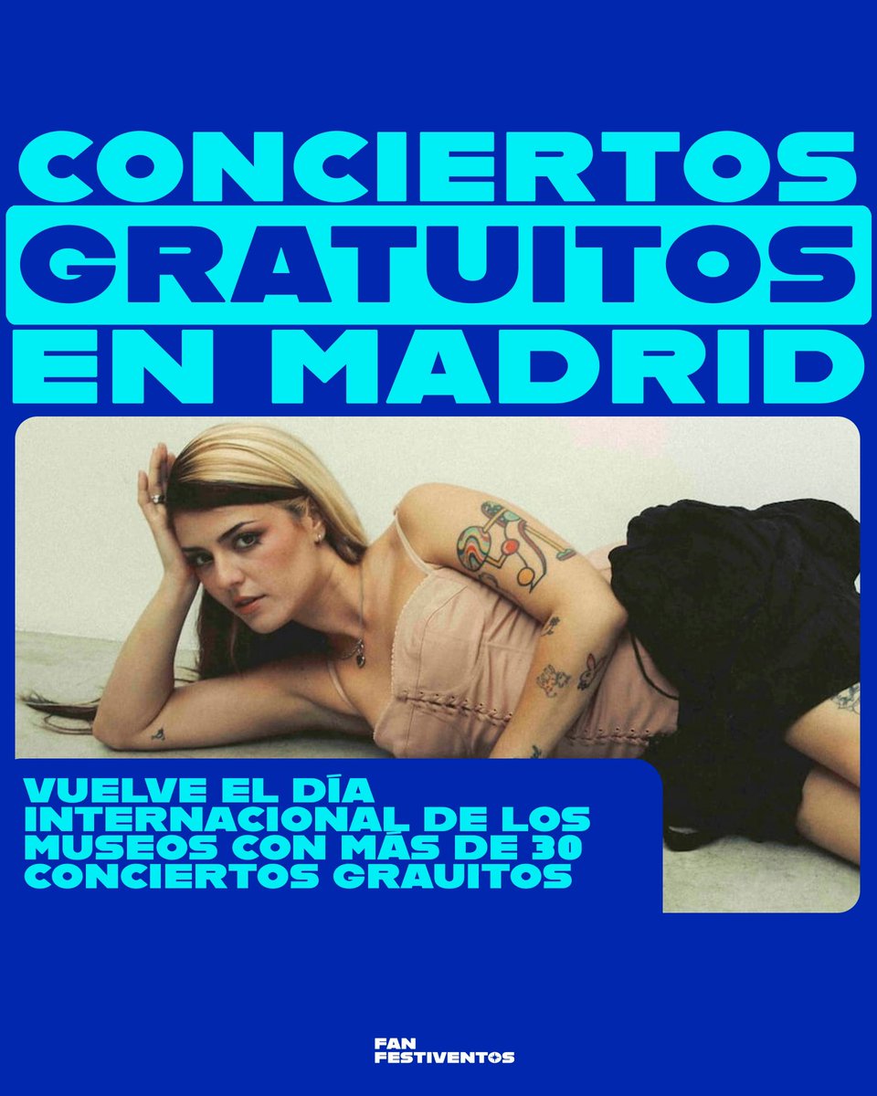 FanFestiventos's tweet photo. 🚨| NUEVO CONCIERTO GRATIS EN MADRID

Radio 3 celebra el Día Internacional de los Museos con 30 conciertos en directo y 6 DJs para cerrar bailando. El viernes 23 de mayo, desde las 07:00 hasta las 24:00, en el Museo Reina Sofía. 

🎟️ Entrada libre hasta completar aforo. https://t.co/ZjfY9JYgVu