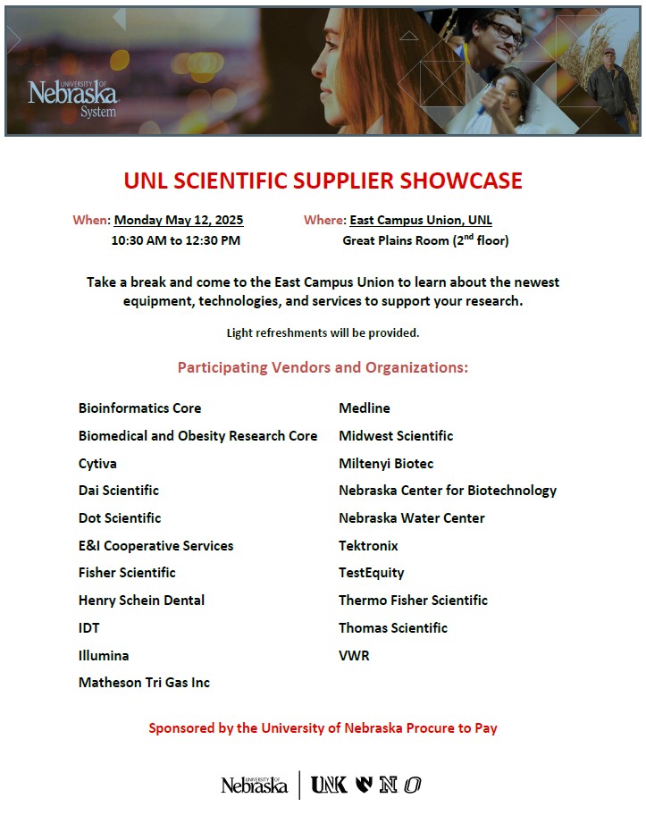 ‼️🔬Stop by the UNL East Campus Union today (5/12) from 10:30–12:30 to learn how our core facilities can support your research—and meet some great suppliers too! 

Come say hi—we’d love to connect! 
#UNL #SupplierShowcase #Research #Biotech #BiotechMonday