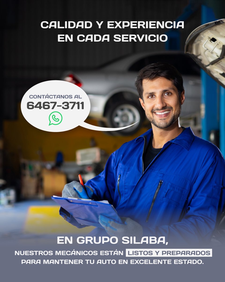 Tu auto merece lo mejor, y en #GrupoSilaba lo tenemos.

Nuestros técnicos altamente capacitados no solo reparan, sino que optimizan cada detalle para mantener tu vehículo en su mejor estado

Contáctanos al 6467-3711 y asegura el mejor cuidado para tu vehículo.

#Postventa #Panamá