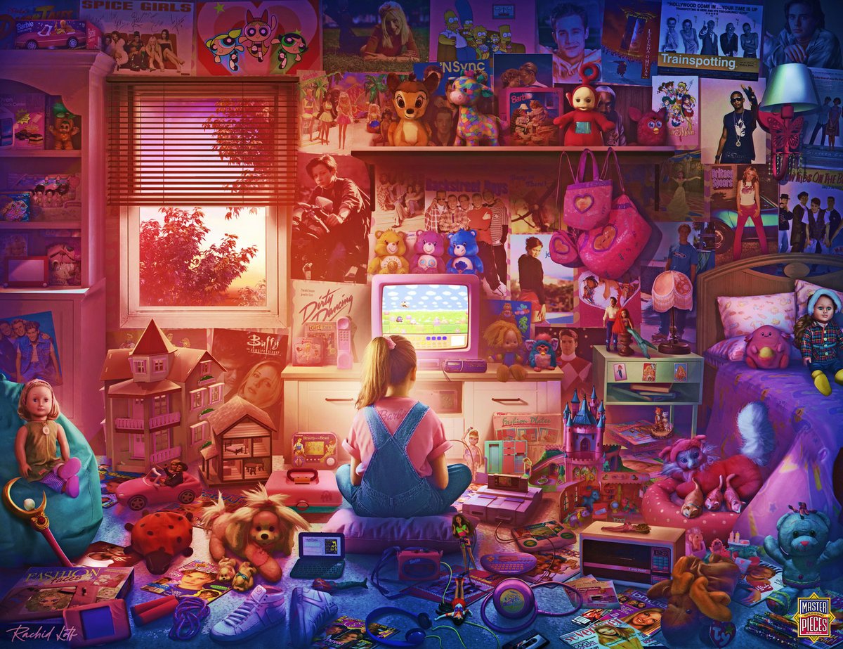 Here’s the second piece from my nostalgic puzzle collection with MasterPieces Puzzles! This artwork is a celebration of 90s girlhood, packed with pop icons, plush toys, and endless shades of pink. If you remember jamming to the Spice Girls, watching Clueless on VHS, or collecting