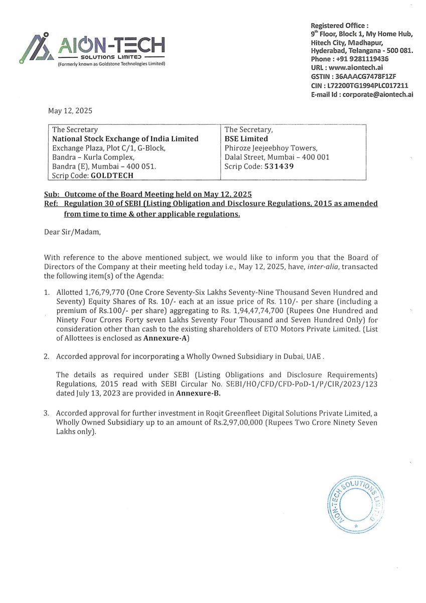 stocknewslatest's tweet image. #GOLDTECH AION-TECH SOLUTIONS LIMITED board met May 12, 2025. Key decisions: equity shares allotment to ETO Motors shareholders, subsidiary incorporation in Dubai, further investment in Roqit Green fleet Digital Solutions, and approval to offer Fixed Deposit Receipts.