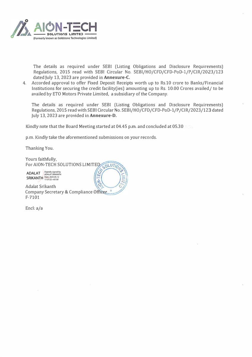 stocknewslatest's tweet image. #GOLDTECH AION-TECH SOLUTIONS LIMITED board met May 12, 2025. Key decisions: equity shares allotment to ETO Motors shareholders, subsidiary incorporation in Dubai, further investment in Roqit Green fleet Digital Solutions, and approval to offer Fixed Deposit Receipts.