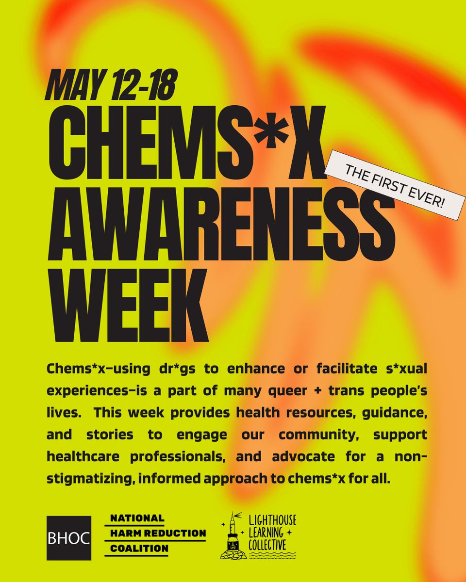 HRC_Lighthouse's tweet photo. May 12-18 is the first ever Chems*x Awareness Week (#CSAwarenessWeek), a campaign to promote s*xual health and harm reduction strategies for queer and trans people having chems*x.
Follow @HRC_lighthouse & @BHOCpartners for hot tips, personal stories, and places to get support! https://t.co/ifyeKRrYt6