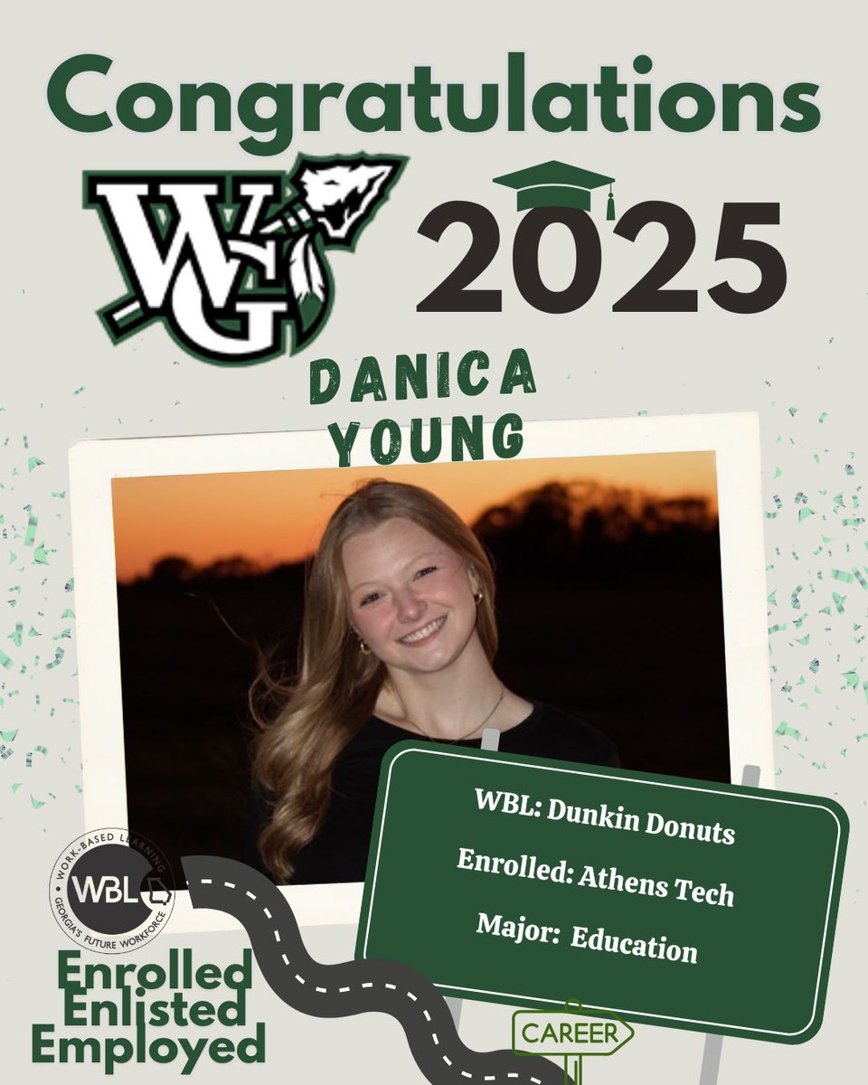 Danica Young, a senior who’s gaining valuable experience through WBL at Dunkin’ Donuts! Danica shows strong work ethic and a positive attitude every day. 
After graduation, Danica plans to attend Athens Technical College and major in Education.