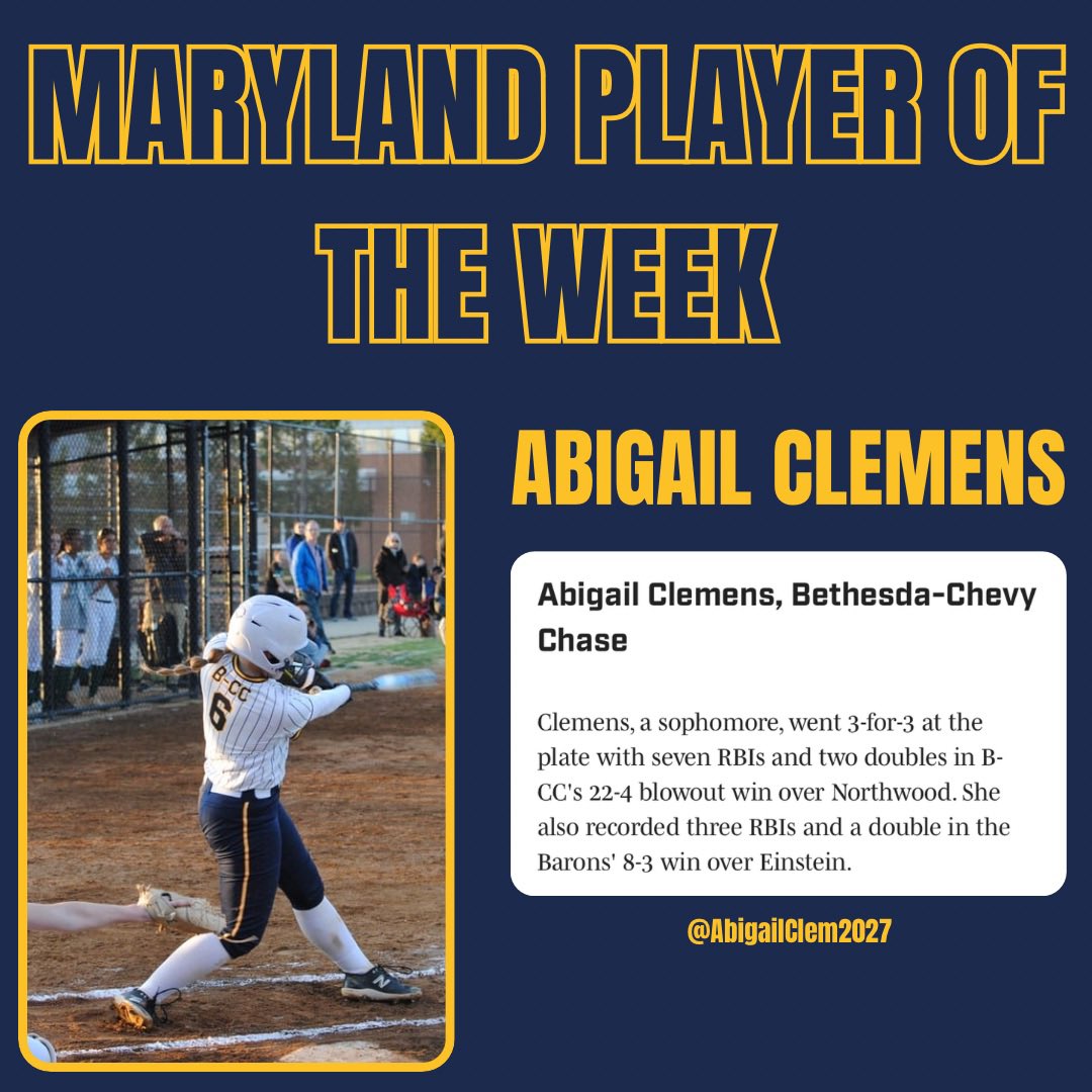 B-CC Barons Softball (@baronssb) on Twitter photo Congrats <a href="/AbigailClem2027/">Abigail Clemens 2027</a> on being selected by Sports Illustrated for Maryland Softball Player of the Week! š <a href="/SInow/">Sports Illustrated</a> <a href="/hslichtman/">Harry Lichtman</a>
<a href="/MCPSAthletics/">MCPS Athletics</a> <a href="/BCC_Barons/">B-CC Athletics</a> <a href="/bcc_boosters/">Bethesda Chevy Chase Sports Boosters</a> Congrats <a href="/AbigailClem2027/">Abigail Clemens 2027</a> on being selected by Sports Illustrated for Maryland Softball Player of the Week! š <a href="/SInow/">Sports Illustrated</a> <a href="/hslichtman/">Harry Lichtman</a>
<a href="/MCPSAthletics/">MCPS Athletics</a> <a href="/BCC_Barons/">B-CC Athletics</a> <a href="/bcc_boosters/">Bethesda Chevy Chase Sports Boosters</a>