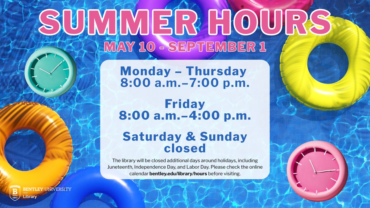 BentleyLibrary's tweet image. Today is the start of summer hours at the library! We are open Monday-Thursday 8:00am-7:00pm and Friday 8:00am-4:00pm; closed Saturday &amp;amp; Sunday. The library will be closed additional days around holidays, please check the full calendar before visiting: bentley.edu/library/hours