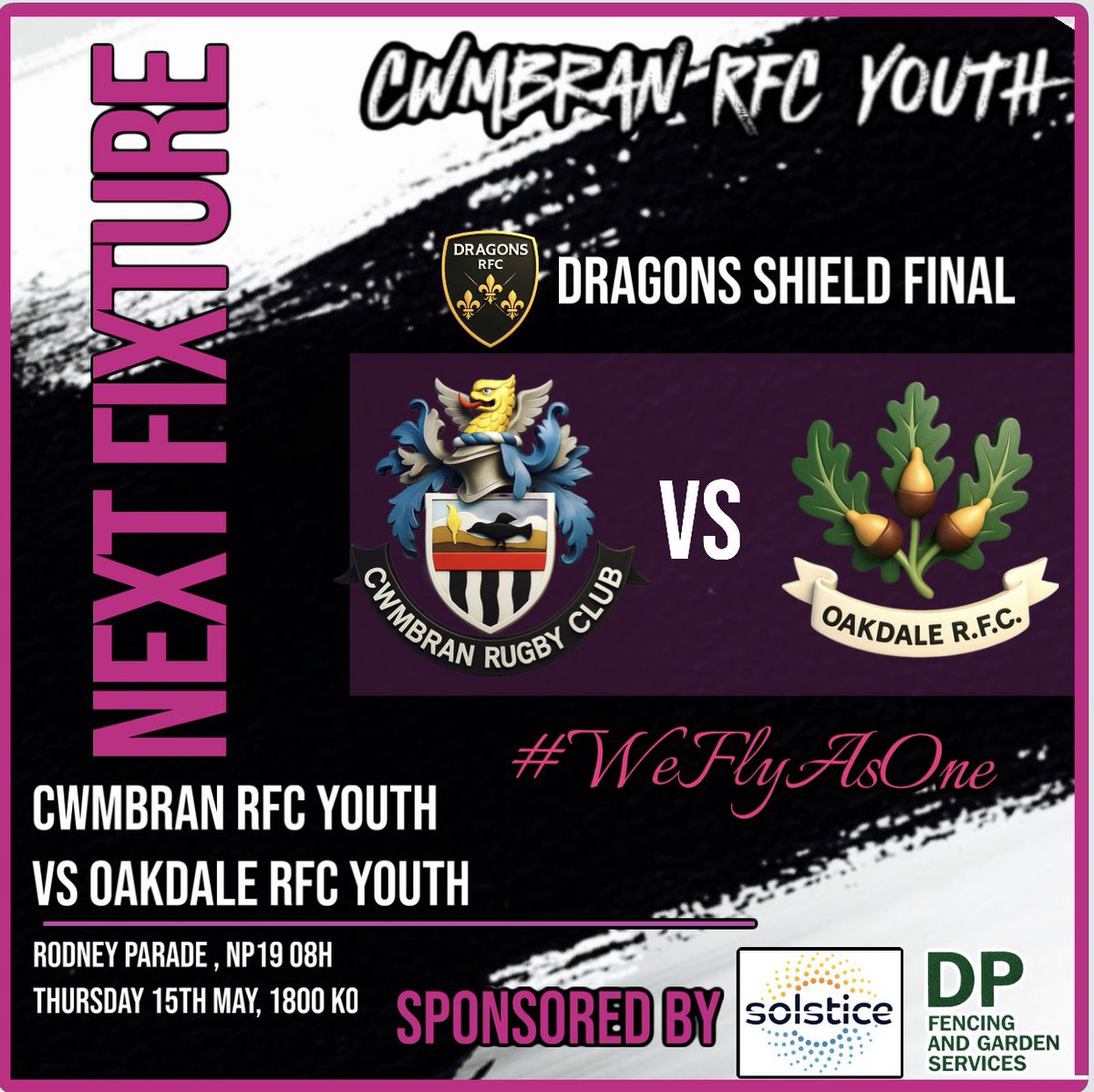 Cwmbran RFC Youth (@cwmbranyouthrfc) on Twitter photo This Thursday we take on <a href="/OakdaleRFC/">Oakdale RFC</a> Youth in the <a href="/dragonsrfc/">Dragons RFC 🐉</a> Shied, 1800ko at Rodney Parade. Should be a cracker of a game! What a way to end the season and a final swansong for all our boys moving up to senior rugby next year. #crows #weflyasone <a href="/AllWalesSport/">All Wales Sport</a> This Thursday we take on <a href="/OakdaleRFC/">Oakdale RFC</a> Youth in the <a href="/dragonsrfc/">Dragons RFC 🐉</a> Shied, 1800ko at Rodney Parade. Should be a cracker of a game! What a way to end the season and a final swansong for all our boys moving up to senior rugby next year. #crows #weflyasone <a href="/AllWalesSport/">All Wales Sport</a>