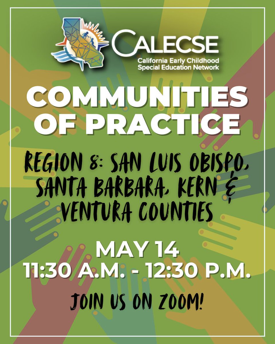 Cal_ECSE's tweet image. Calling all early childhood special educators in San Luis Obispo, Santa Barbara, Kern and Ventura counties! Please join us for a virtual, no-cost Community of Practice for CalECSE Region 8 from 11:30 a.m. to 12:30 p.m. on Wednesday, May 14. Register now: buff.ly/defo0OS
