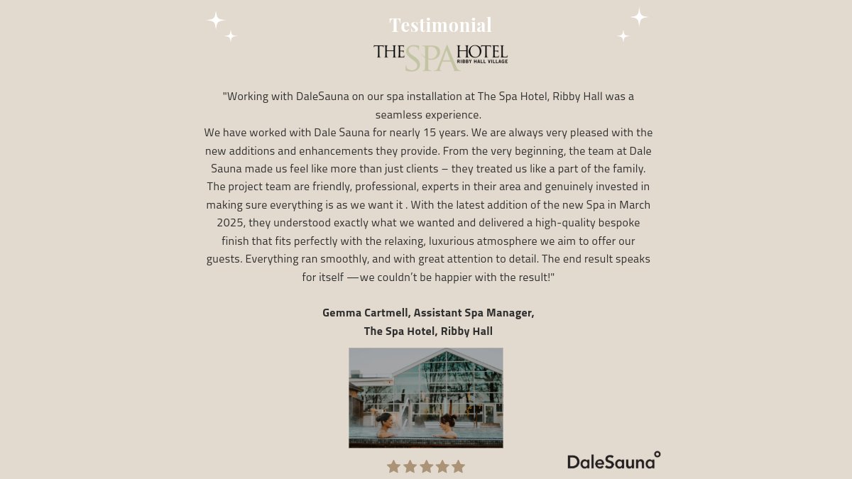 We are extremely proud to receive such fantastic feedback from our clients. 🌟
Take a look at this exceptional testimonial from The Spa Hotel, Ribby Hall Village.
#DaleSauna #RibbyHall #ThermalExperience