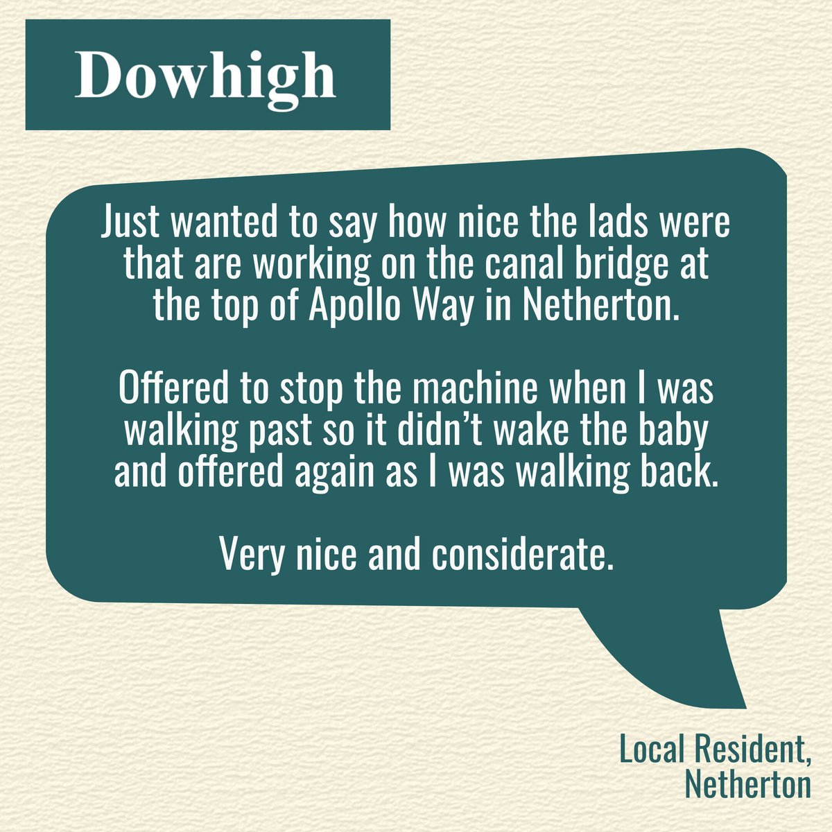 Big shoutout to Luke Bentley and his team working on the canal bridge at Apollo Way, Netherton.

A passer-by shared this: "They offered to stop the machine as I walked by with my baby—twice! So thoughtful and considerate."

Great to see our teams putting people first. #Dowhigh