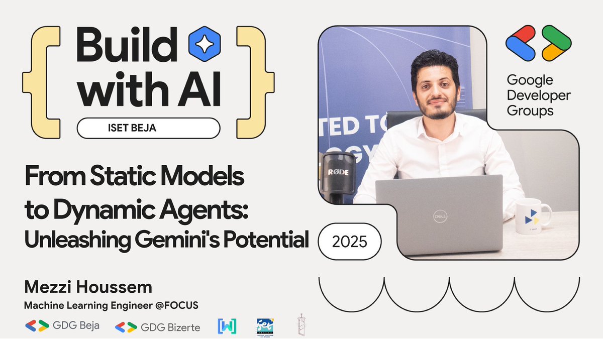 🤯 Explore Gemini's power! Join Build with AI on May 17 at ISET Beja for "Static Models to Dynamic Agents" with Mezzi Houssem (@FOCUS)! 🤖 Organized by <a href="/GDGBeja/">GDG Beja</a> &amp; <a href="/GDGBizerte/">GDG Bizerte</a>. More info dropping soon! #BuildWithAI #Gemini #AI #ISETBeja #GDG #GoogleAI #Tech