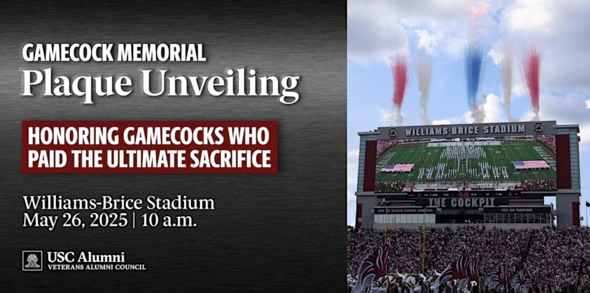 USC Veterans & Military Affairs (@usc_vetandmil) on Twitter photo Join the <a href="/UofSCVAC/">USC Veterans Alumni Council</a> this Memorial Day for a special plaque unveiling at Williams-Brice Stadium to honor over 300 Gamecocks who gave the ultimate sacrifice. Come together with fellow alumni and friends as we remember and reflect.
eventbrite.com/e/gamecock-mem… Join the <a href="/UofSCVAC/">USC Veterans Alumni Council</a> this Memorial Day for a special plaque unveiling at Williams-Brice Stadium to honor over 300 Gamecocks who gave the ultimate sacrifice. Come together with fellow alumni and friends as we remember and reflect.
eventbrite.com/e/gamecock-mem…