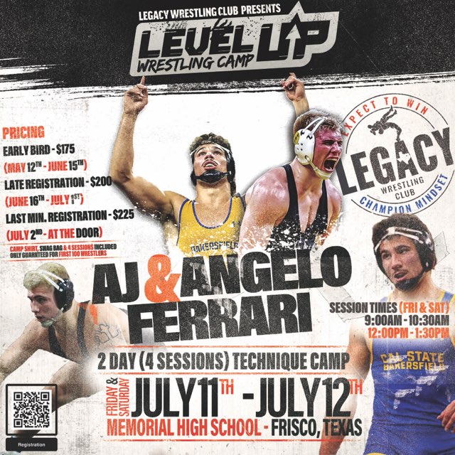 LegacyWClub's tweet image. ‼️Camp Alert‼️In July Legacy Wrestling Club will be hosting a camp at Frisco Memorial. Our camp clinicians will be BOTH Angelo and AJ Ferrari. Early bird registration starts TODAY through June 15th. @WrestlingTexas @texaswrestling_ @FloWrestling @CPyles8