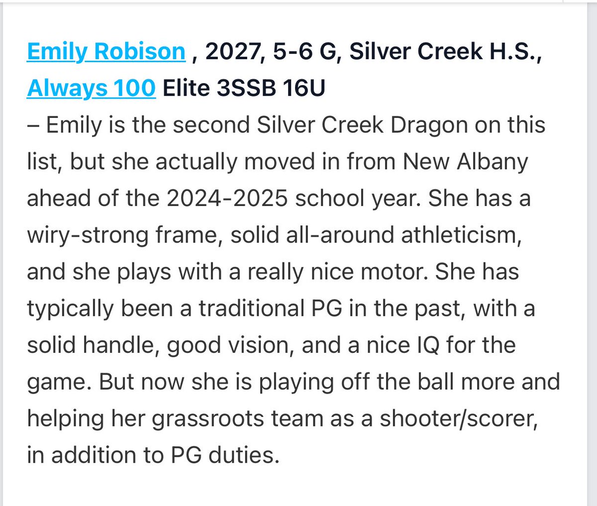 Emily Robison (@emily_robison10) on Twitter photo Thank you <a href="/PrepGirlsHoops/">Prep Girls Hoops 🏀</a> for the recognition! <a href="/SCHSGBB/">Silver Creek Lady Dragons</a> <a href="/vjhAlways100/">Always 100</a> <a href="/A1G_24/">Always 100 3SSB 2027</a> Thank you <a href="/PrepGirlsHoops/">Prep Girls Hoops 🏀</a> for the recognition! <a href="/SCHSGBB/">Silver Creek Lady Dragons</a> <a href="/vjhAlways100/">Always 100</a> <a href="/A1G_24/">Always 100 3SSB 2027</a>