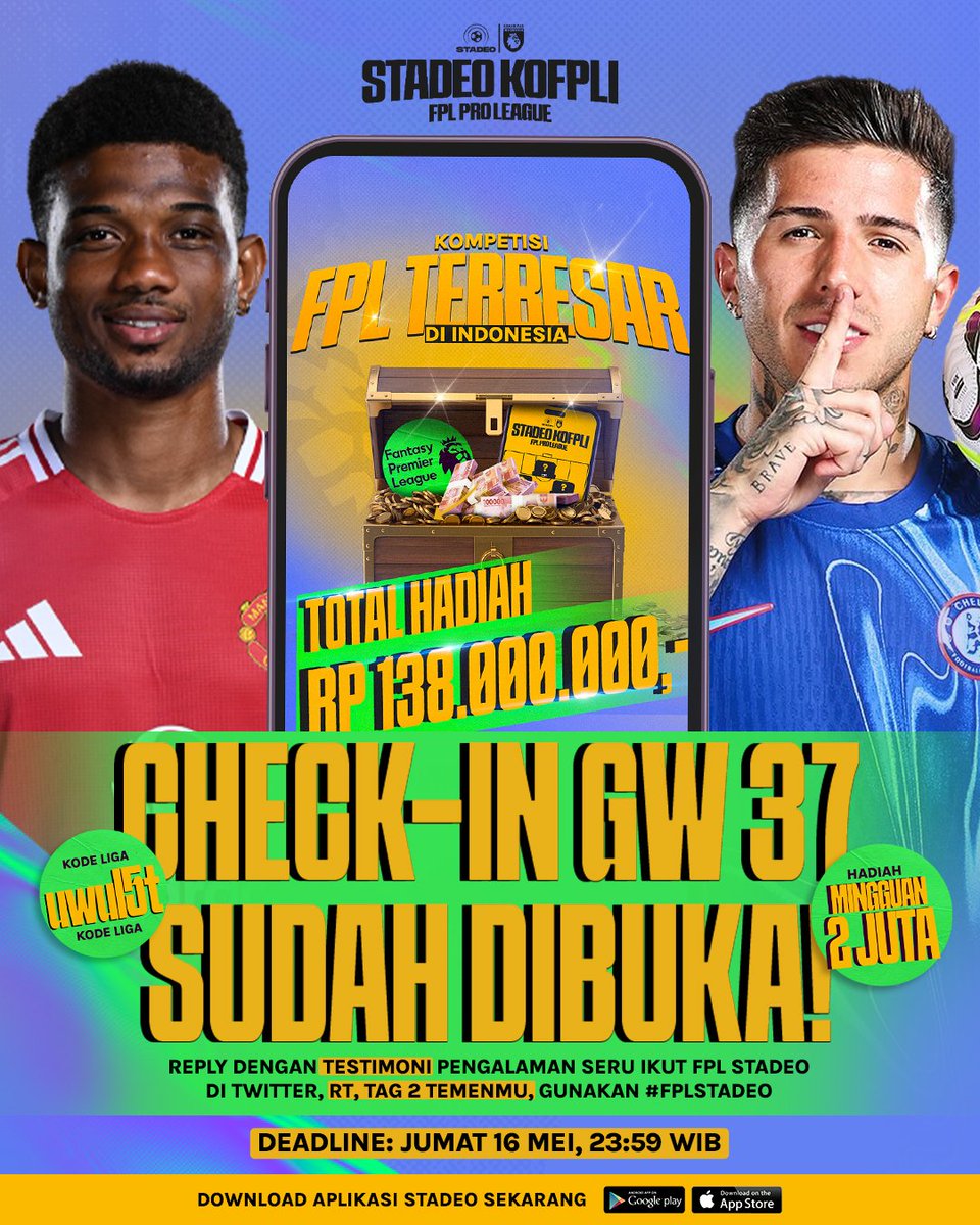 🚨 Check-in GW 36 SUDAH DIBUKA! 🚨

Kasih testimoni serumu selama ikut #FPLSTADEO, tag 2 teman, repost twit ini, dan gunakan #FPLSTADEO. Terus, screenshot komentar testimonimu!

Lalu submit di WEEKLY CHECK IN di aplikasi Stadeo 📲 Jangan lupa, deadline-nya 16 Mei, 23:59 WIB! ⏰