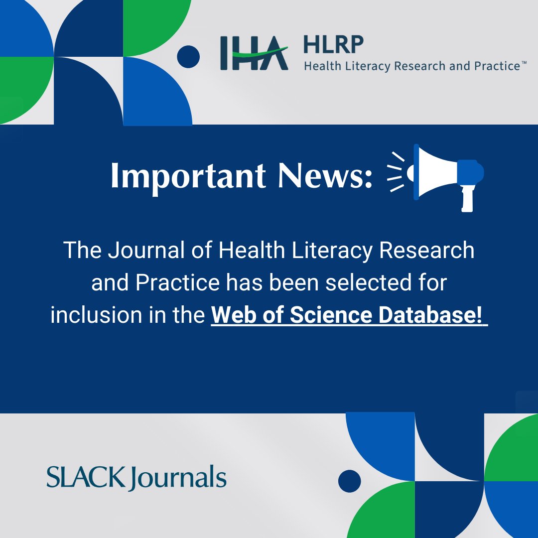 We are excited to share that the Journal of Health Literacy Research and Practice will now be included in the Web of Science Database! ☝️

Learn more details in the press release shared by EinPressWire: tinyurl.com/r6u83pku

#HealthLiteracy #Science #Database