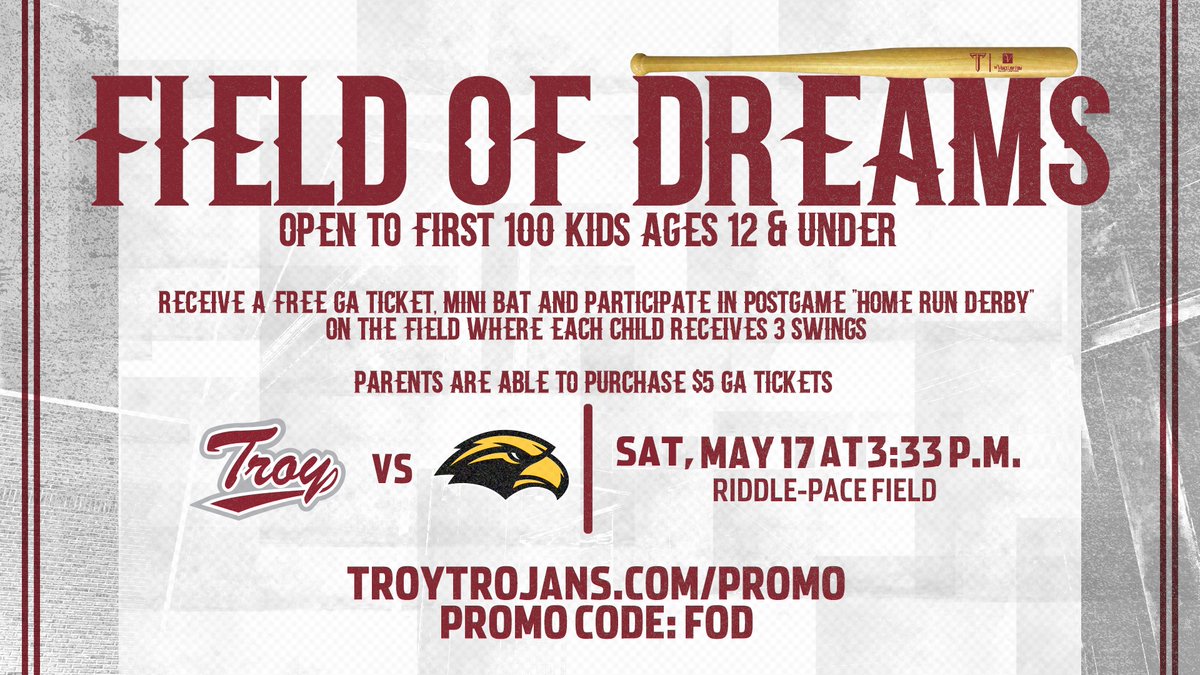 Troy Athletics (@troyathletics) on Twitter photo โพ๏ธ๐๐๐๐๐ ๐ข๐ ๐๐ฅ๐๐๐ ๐ฆ ๐๐๐ฌโพ๏ธ
The first 100 kids who register, will be able to participate in a post game Home Run Derby, and get a mini baseball bat on Saturday!
Participants will get free admission the the game, and parents can get $5 GA tickets.
Use promo code: โพ๏ธ๐๐๐๐๐ ๐ข๐ ๐๐ฅ๐๐๐ ๐ฆ ๐๐๐ฌโพ๏ธ
The first 100 kids who register, will be able to participate in a post game Home Run Derby, and get a mini baseball bat on Saturday!
Participants will get free admission the the game, and parents can get $5 GA tickets.
Use promo code: