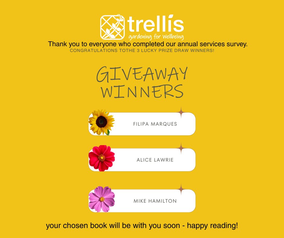 Thank you to everyone who completed our annual services survey.  It is really important to us to get your feedback as it will help shape what we do in the future and improve our support. Well done to the lucky winners of their chosen Trellis book in the prize draw.