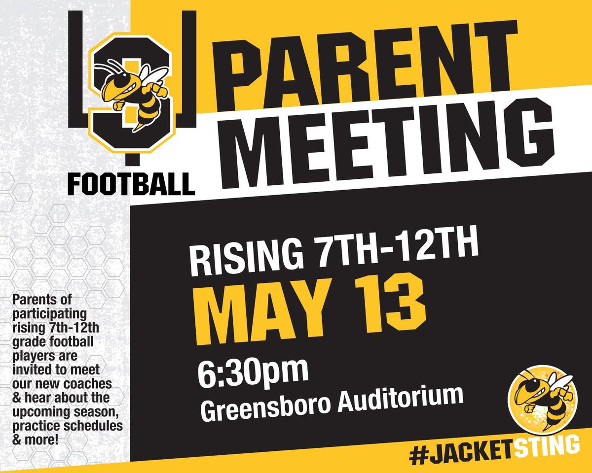 Jacket Athletics (@stkjackets) on Twitter photo TOMORROW! Jacket Football will host a Parent Meeting for 7th-12th grade participating players on Tuesday, May 13 at 6:30pm at Greensboro Auditorium. Parents are invited to meet our new coaches and hear about the upcoming season, practice schedules and more. #JacketSting TOMORROW! Jacket Football will host a Parent Meeting for 7th-12th grade participating players on Tuesday, May 13 at 6:30pm at Greensboro Auditorium. Parents are invited to meet our new coaches and hear about the upcoming season, practice schedules and more. #JacketSting