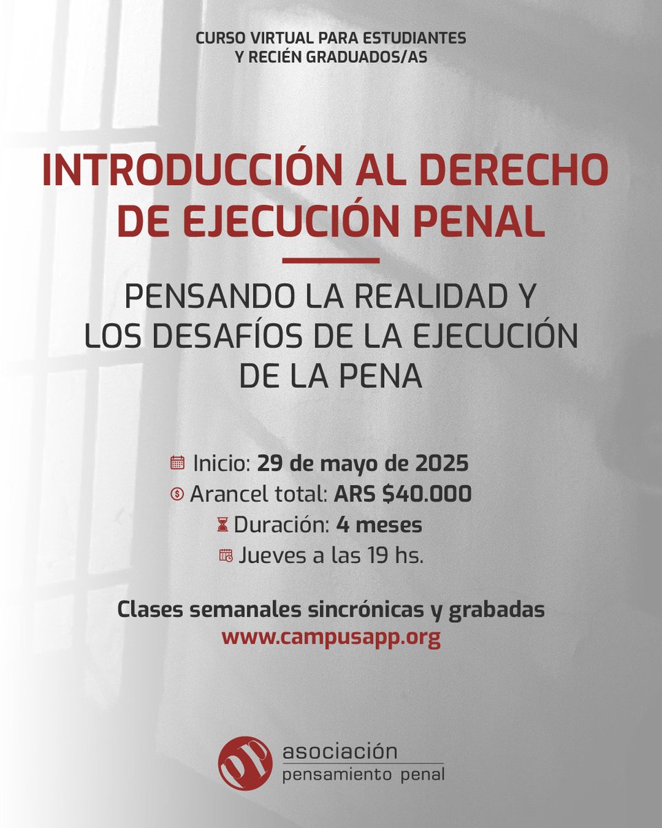 pensapenal's tweet photo. Nuevo curso! Introducción al Derecho de Ejecución Penal. Pensando la realidad y los desafíos de la ejecución de la pena (+) https://t.co/IBCbcgHwHi